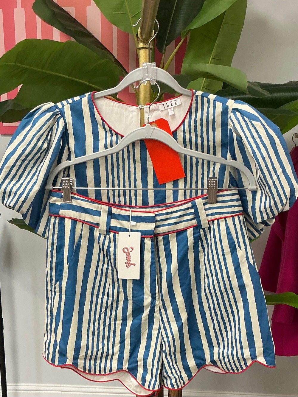 TCEC Blue and White Striped Shorts with Red Trim